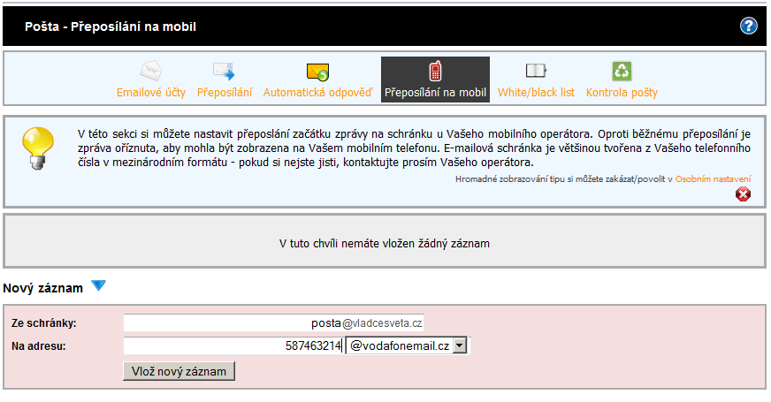 Administrace webhostingu - přeposílání na mobil