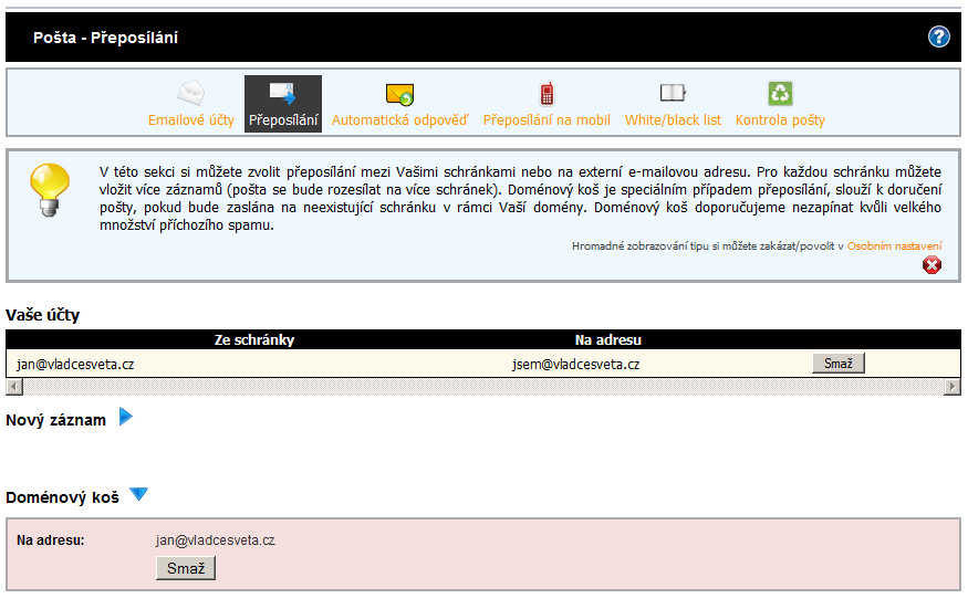 Administrace webhostingu - přeposílání pošty